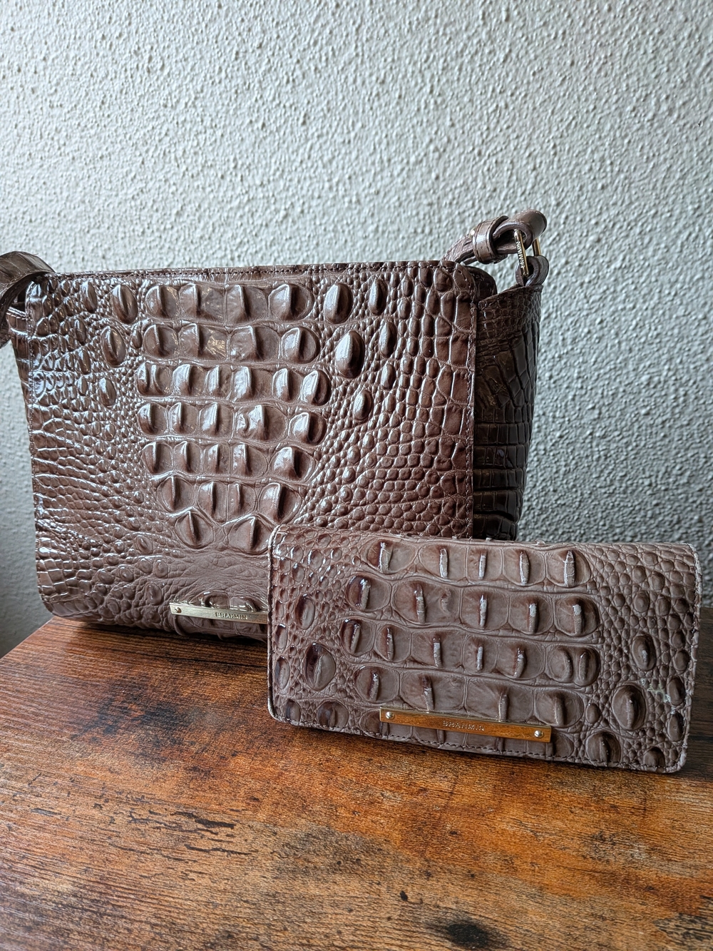 Brahmin Brown Croc-Embossed Shoulder Bag with Matching Wallet